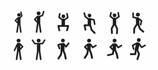 a set of human pictograms, a flat  illustration, human figures in various poses, active people isolated on a white background