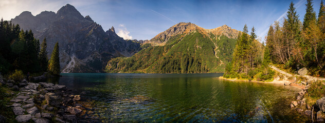 Panoramic view of Poland national park, High Tatras, Morskie Oko lake, the highest point of Poland...