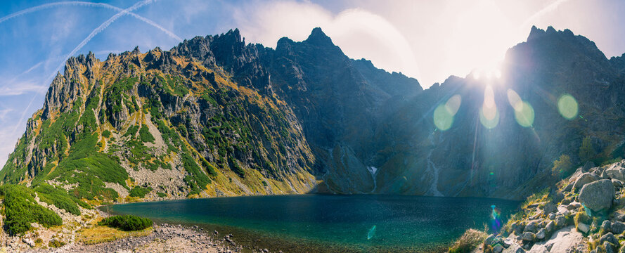 Panoramic view of Poland national park, High Tatras, Morskie Oko lake, the highest point of Poland Mount Rysy