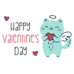 Vector illustration in doodle style. Cute Cupid's kitten holds a heart. Happy valentine's day inscription . Vector illustration