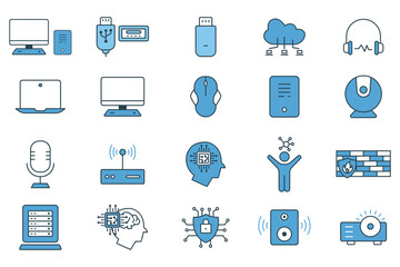 computer technology icon set. laptop, monitor, cloud computing, humanoid, firewall, access point, cyber security, etc. flat line icon style design. simple vector design editable