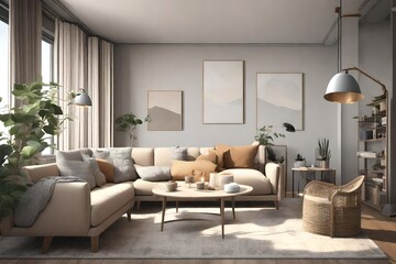 a living room with neutral colors in arcane animation style