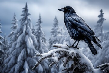Black Raven calling in winter on a branch Generative Ai