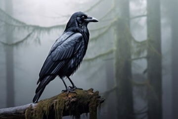 Black raven in a foggy forest Generative Ai