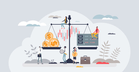 Fototapeta na wymiar Balancing investments and financial profit balance tiny person concept. Risk evaluation and scales with money and stock market shares value comparison vector illustration. Financier calculations.