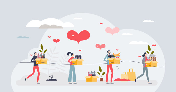 Charity chain reaction and volunteer care crowd effect tiny person concept. Humanitarian community with empathy, solidarity and love care vector illustration. Social group work together to help.