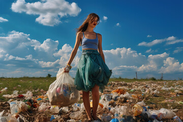 A woman picking up garbage in a field