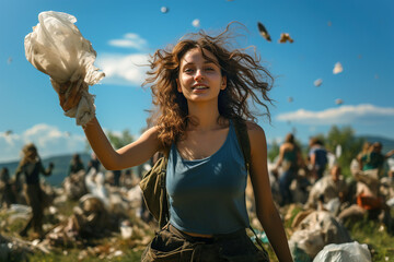 A woman picking up garbage in a field