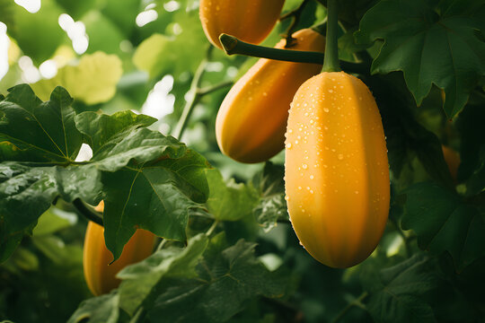 Yellow Papaya fruits growing on tree