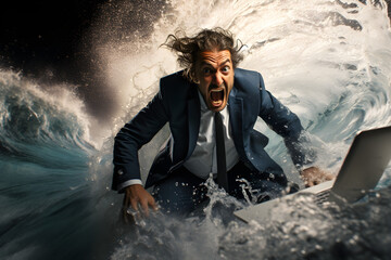 businessman with laptop surfing an ocean wave - obrazy, fototapety, plakaty