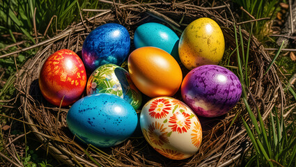 Fototapeta na wymiar easter eggs in grass, Painted and colorful easter eggs , Colorful Eggs in Spring