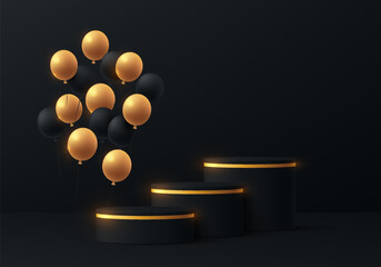 Abstract 3D black cylinder podium background with floating black and golden balloon scene. Black friday sales minimal mockup, Product display presentation, Stage showcase. Platforms geometric design.