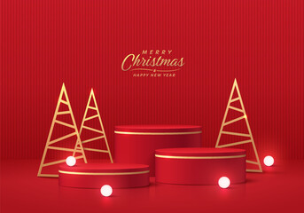 Realistic 3d red cylinder podium pedestal set with golden triangle tree and neon lighting balls. Merry christmas product display mockup presentation. Stage showcase. Platforms vector geometric design.