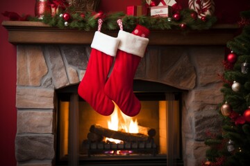 Red Christmas sock on the burning fireplace on Christmas Eve Generative Ai