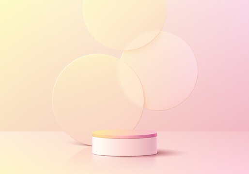 3D realistic white cylinder podium pedestal background with round circles overlap in pink yellow color. Wall minimal scene mockup products stage showcase, Promotion display. Vector abstract empty room