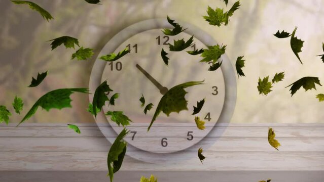 Animation of green and autumnal leaves falling over clock with fast moving hands
