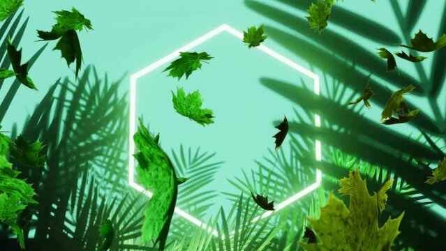 Animation of green leaves blowing over white neon hexagon in jungle with blue sky