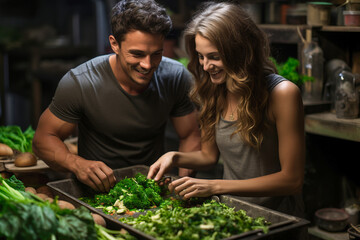 A man and a woman sitting at a table full of vegetables
