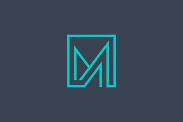 Letter M blue linear logo vector in rectangle frame - obrazy, fototapety, plakaty