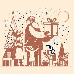 Gathered in Joy: Christmas Family Celebration Vector, geant Santa Claus and happy kids, concept illustration