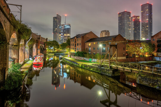The Castlefield area in Manchester, UK, at night