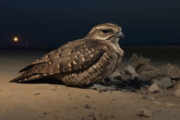 Risky European Nightjar Caprimulgus Europaeus sits on the ground at night Generative Ai