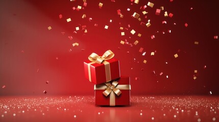 Merry Christmas and Happy New Year poster or banner with red gift boxes. and christmas elements Christmas promotion in red and gold.
