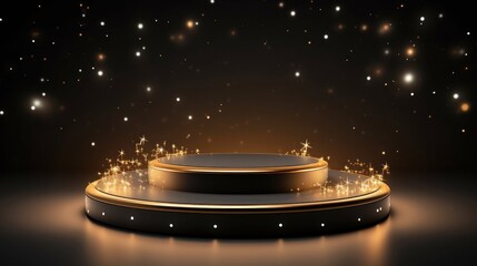 Product display podium with golden curve line decoration and gold light effect elements and star with bokeh. Black luxury style background.
