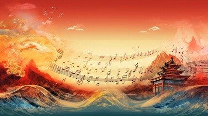 Music notes on chinese new year background ,Happy New Year. - obrazy, fototapety, plakaty