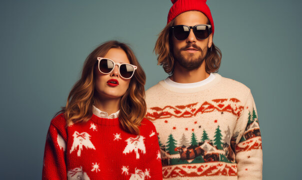 Studio portrait of a young trendy couple wearing festive christmas ugly jumpers