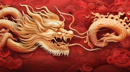 Chinese New Year 2024 Year of the Dragon. Red and gold line art characters.