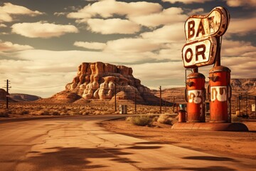 Ruins of an abandoned gas station from the 1930s in America Generative Ai