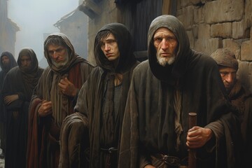 Sad Medieval Lepers in the streets Generative Ai - obrazy, fototapety, plakaty