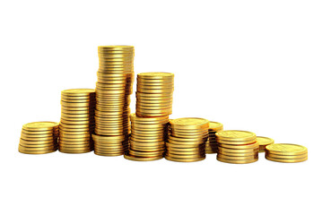 Golden coins raising chart isolated on white background