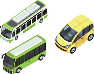 Set of isometric public transport. Bus, bus, trolleybus.