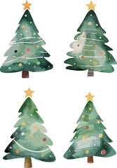 Set of Christmas trees in watercolor style. Hand drawn vector illustration.