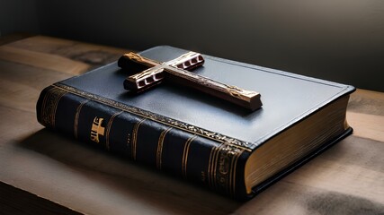 Holy Bible and Cross on Desk.