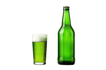 Green beer bottle and green beer can with water droplets on a white Background