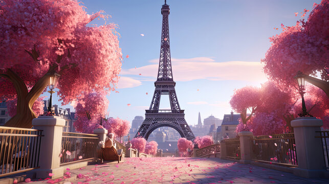 Pink Trees Surrounding the Majestic Eiffel Tower - Powered by Adobe
