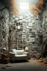 Photo of a cozy living room with walls full with images.