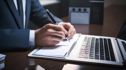 Man writing in diary close up, businessman or student using laptop in office, panoramic banner, online learning, internet marketing, work from home, freelancer concept at workplace in office