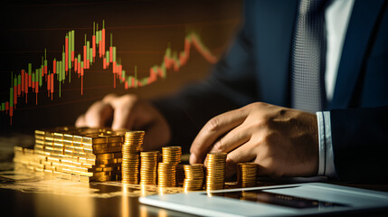 Businessman analyzing stock market charts and calculating his income in precious metals