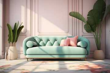 a green couch in the corner of a room, in the style of pastel toned, minimalistic modern, realistic, detailed rendering, light pink and bronze, beige and azure, detailed foliage, rug