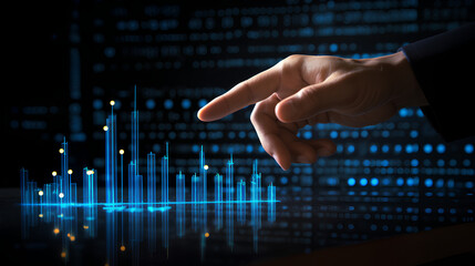 Close up of male hand pointing at creative business graph with index and grid on blurry city background. Stock market and financial statistics concept. Double exposure.