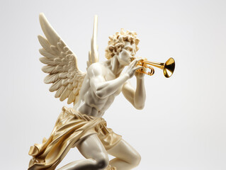 angel statue made of metal holding a trumpet