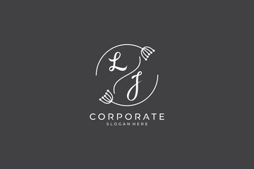 initials LJ, L and J Monogram logo with circle frame with dandelion flower blend in line art design style