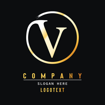luxury letter V logo design. Brush Stroke V Letter Logo Design. Yellow Gold Paint Logo V Letters Icon with Elegant Circle Vector Design.eps 8
