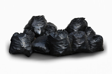 Pile of trash in a black trash bag isolated on white background with clipping path.