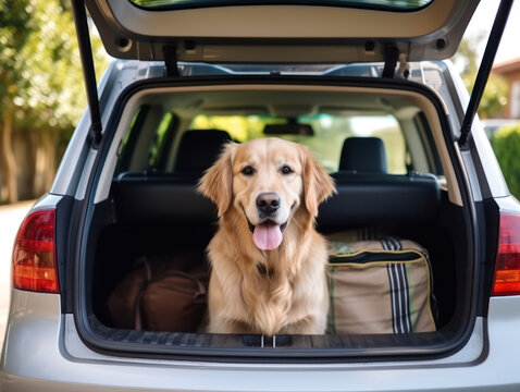 photo of a cute brown dog in the trunk of a car getting ready to go on holiday