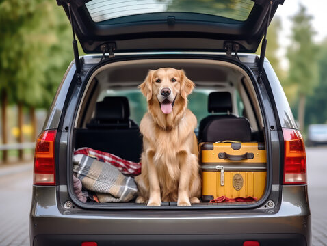 photo of a happy brown dog in the trunk of a car getting ready to go on holiday - Powered by Adobe